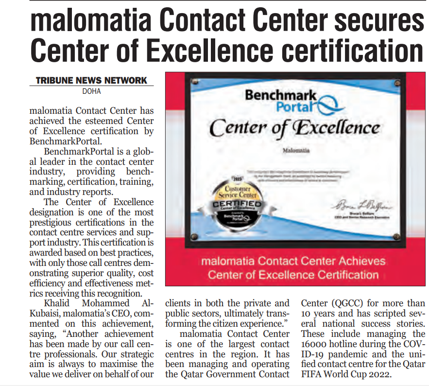 malomatia Contact Center Achieves Center of Excellence Certification